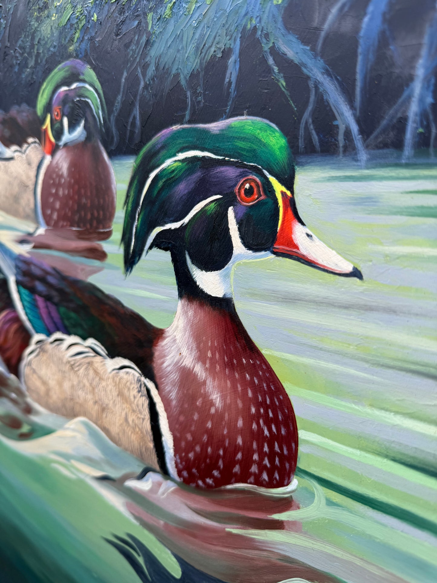 Wood Ducks Painting (1960s) Signed “Larry Toschik” Frame: 29.5x36in