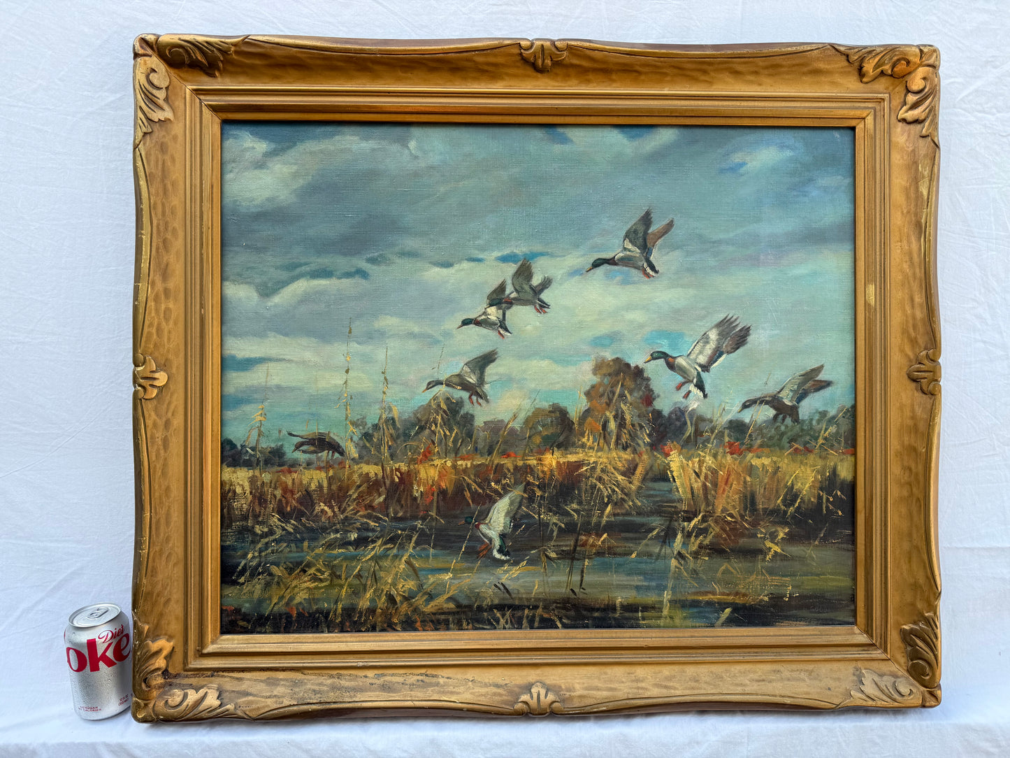 Flying Mallards Painting (1940s) Signed “H. Goode” Frame: 37x31in