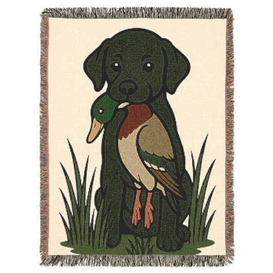 Duck Dog Throw Blanket - Black Lab Puppy with Mallard (3 Sizes)