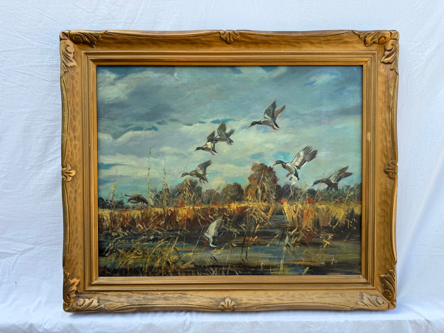 Flying Mallards Painting (1940s) Signed “H. Goode” Frame: 37x31in
