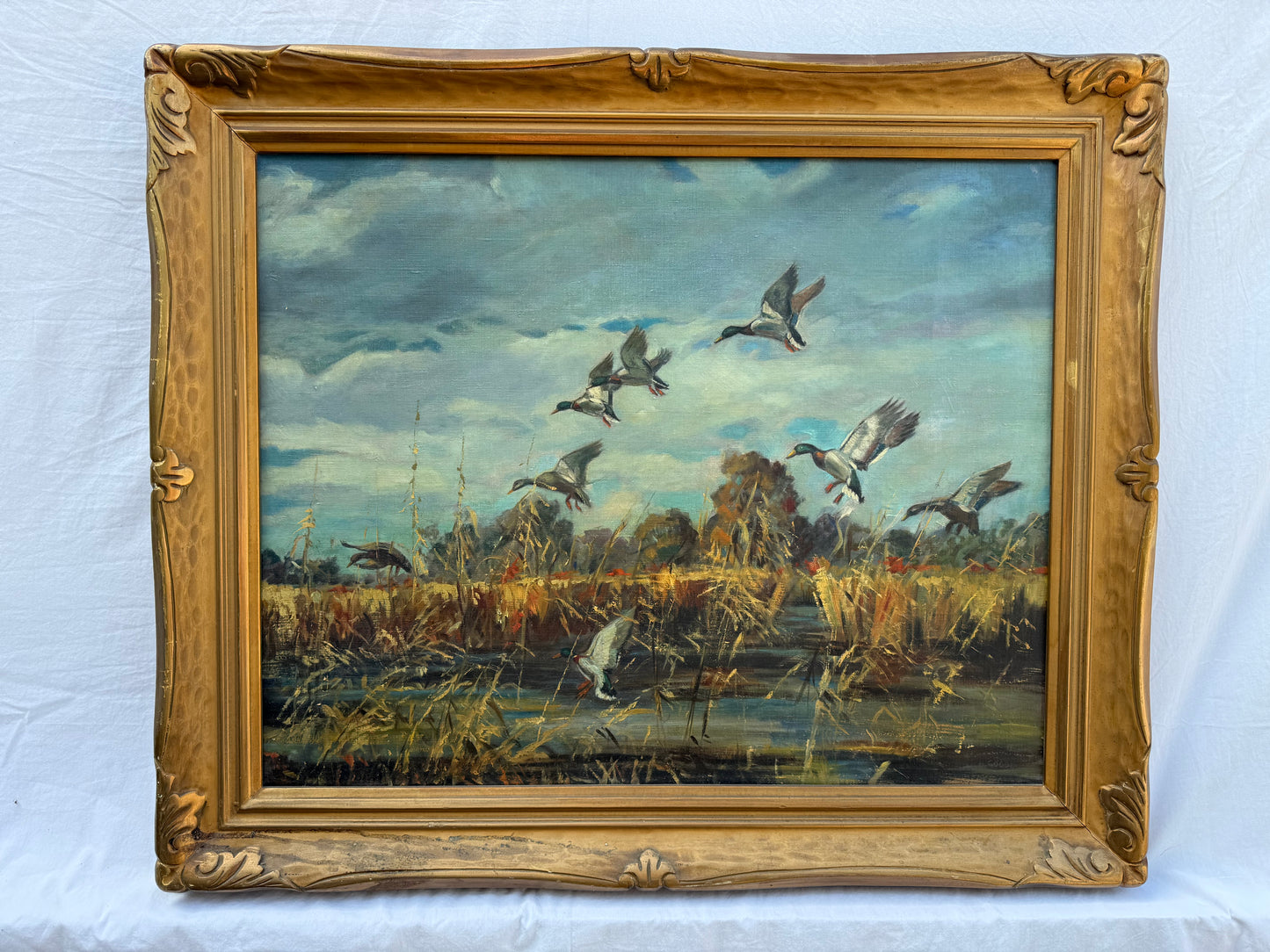Flying Mallards Painting (1940s) Signed “H. Goode” Frame: 37x31in