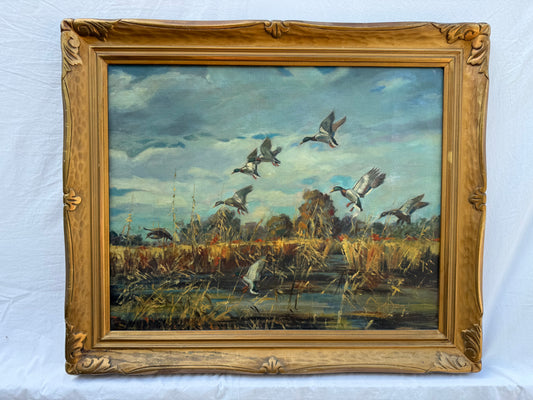 Flying Mallards Painting (1940s) Signed “H. Goode” Frame: 37x31in