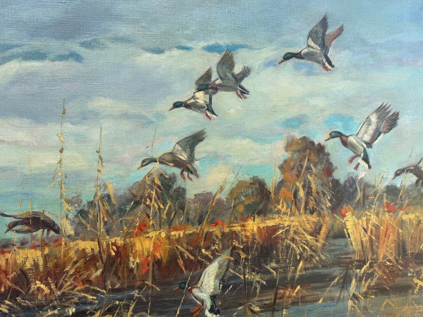 Flying Mallards Painting (1940s) Signed “H. Goode” Frame: 37x31in