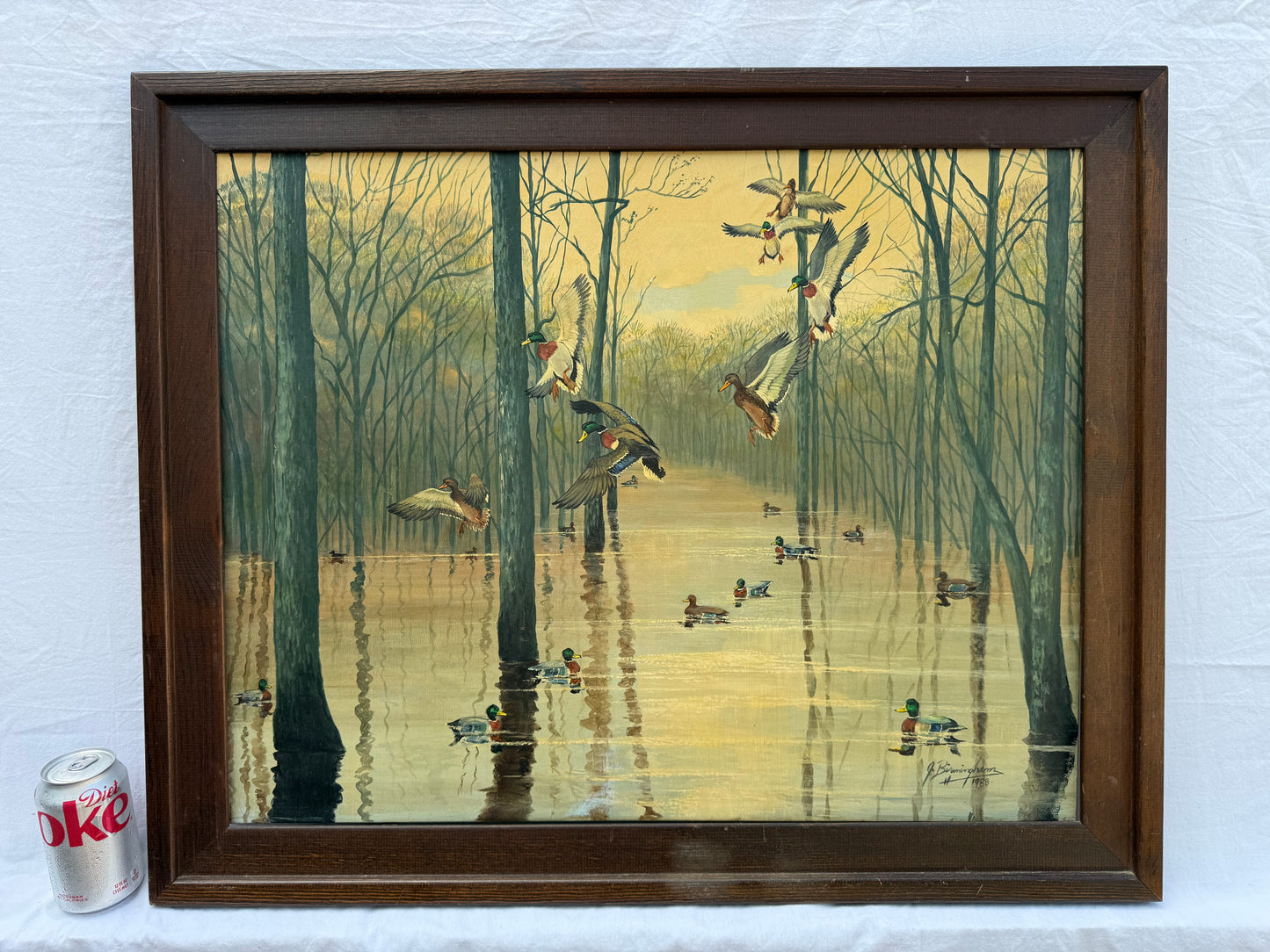 Mallards in Timber Painting (1988) Signed “J. Birmingham” Frame: 32.5x26.5in