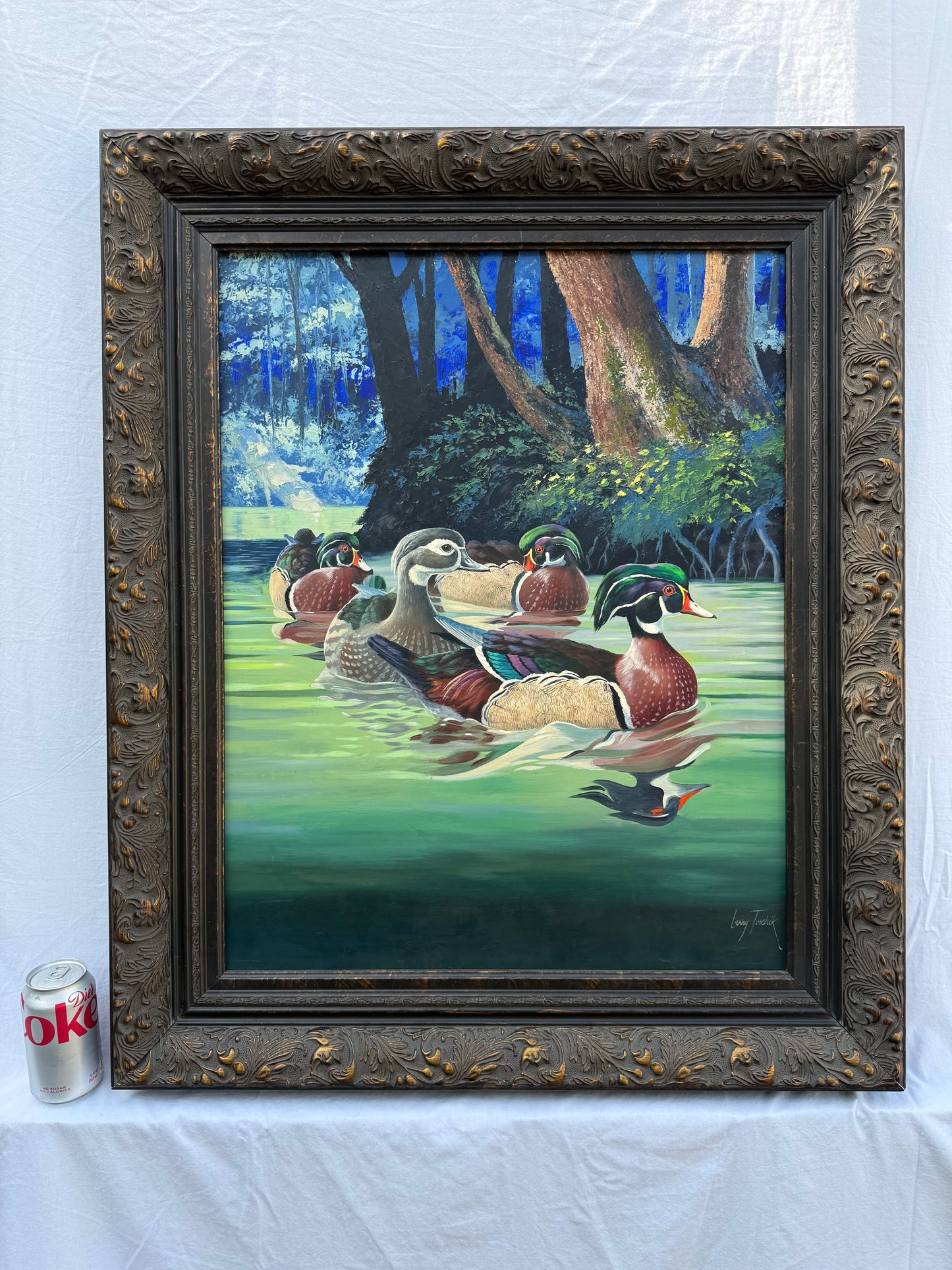 Wood Ducks Painting (1960s) Signed “Larry Toschik” Frame: 29.5x36in