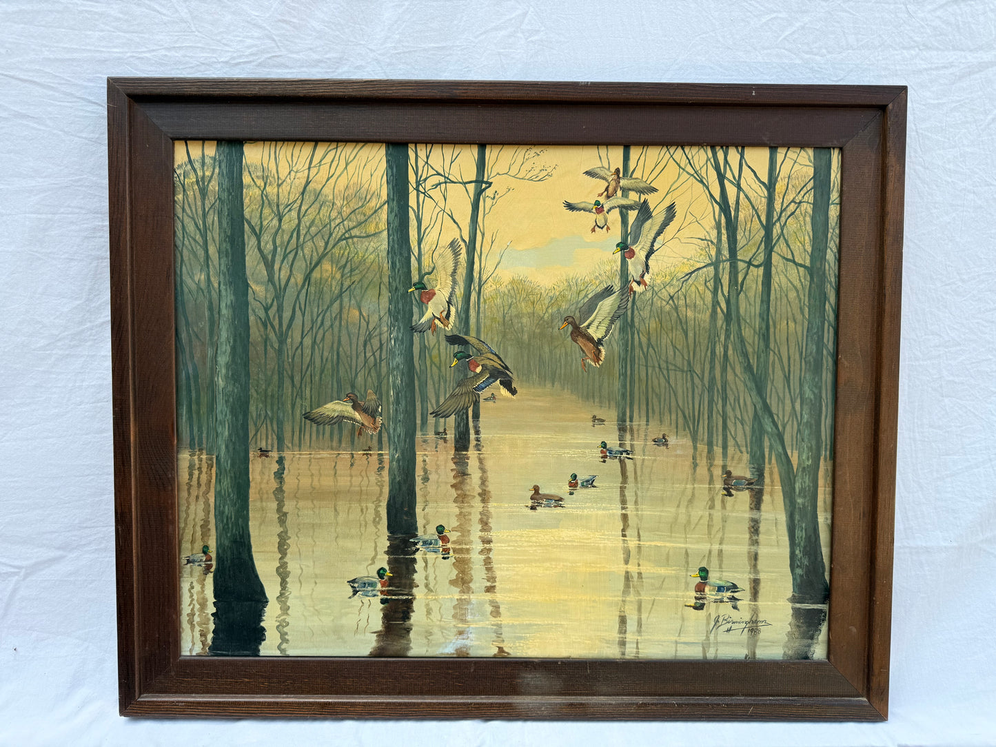 Mallards in Timber Painting (1988) Signed “J. Birmingham” Frame: 32.5x26.5in
