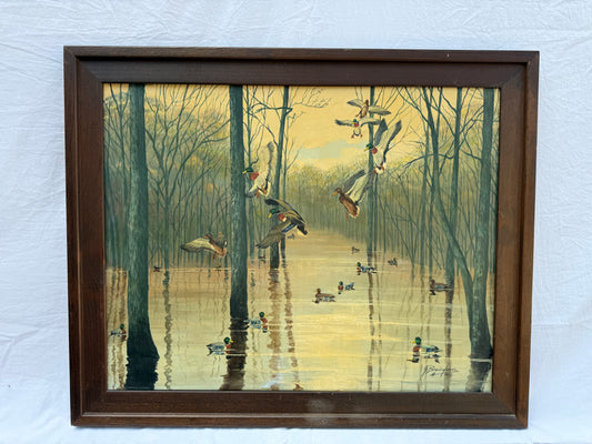 Mallards in Timber Painting (1988) Signed “J. Birmingham” Frame: 32.5x26.5in