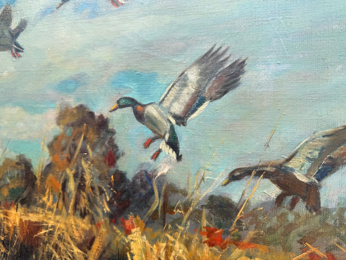 Flying Mallards Painting (1940s) Signed “H. Goode” Frame: 37x31in