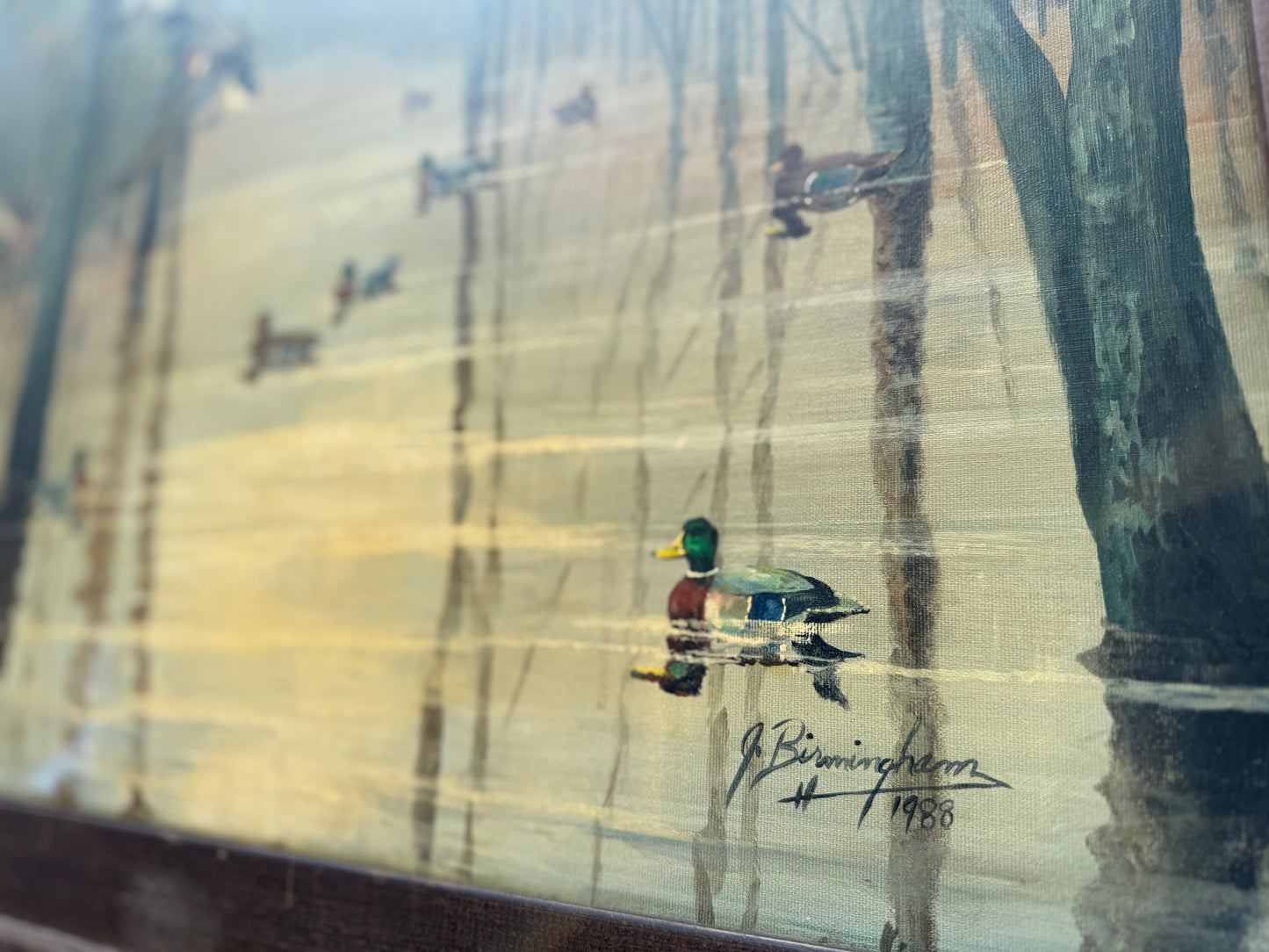 Mallards in Timber Painting (1988) Signed “J. Birmingham” Frame: 32.5x26.5in