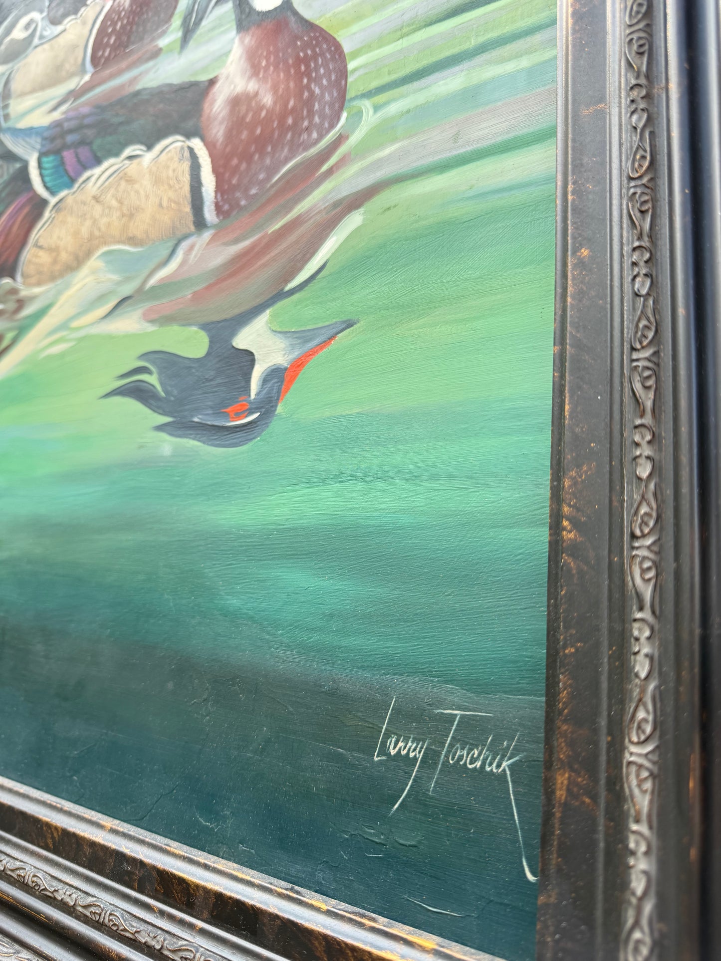 Wood Ducks Painting (1960s) Signed “Larry Toschik” Frame: 29.5x36in