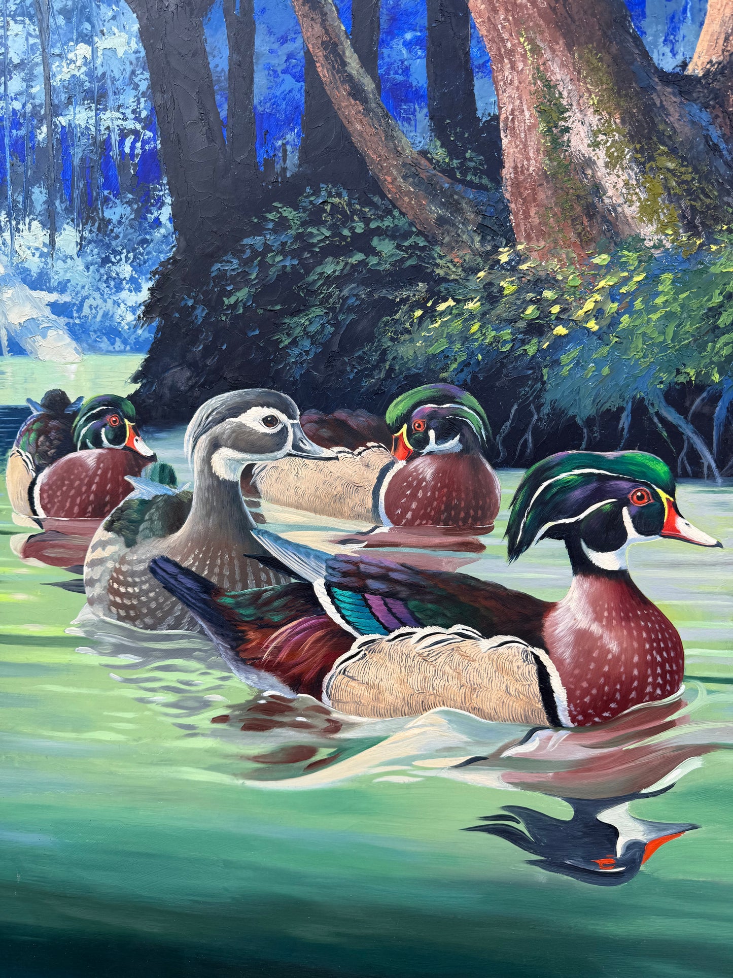 Wood Ducks Painting (1960s) Signed “Larry Toschik” Frame: 29.5x36in