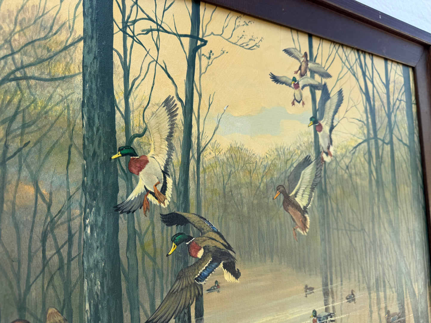 Mallards in Timber Painting (1988) Signed “J. Birmingham” Frame: 32.5x26.5in