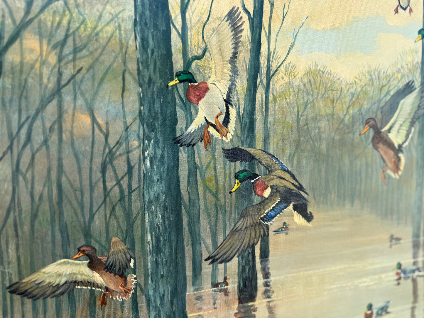 Mallards in Timber Painting (1988) Signed “J. Birmingham” Frame: 32.5x26.5in