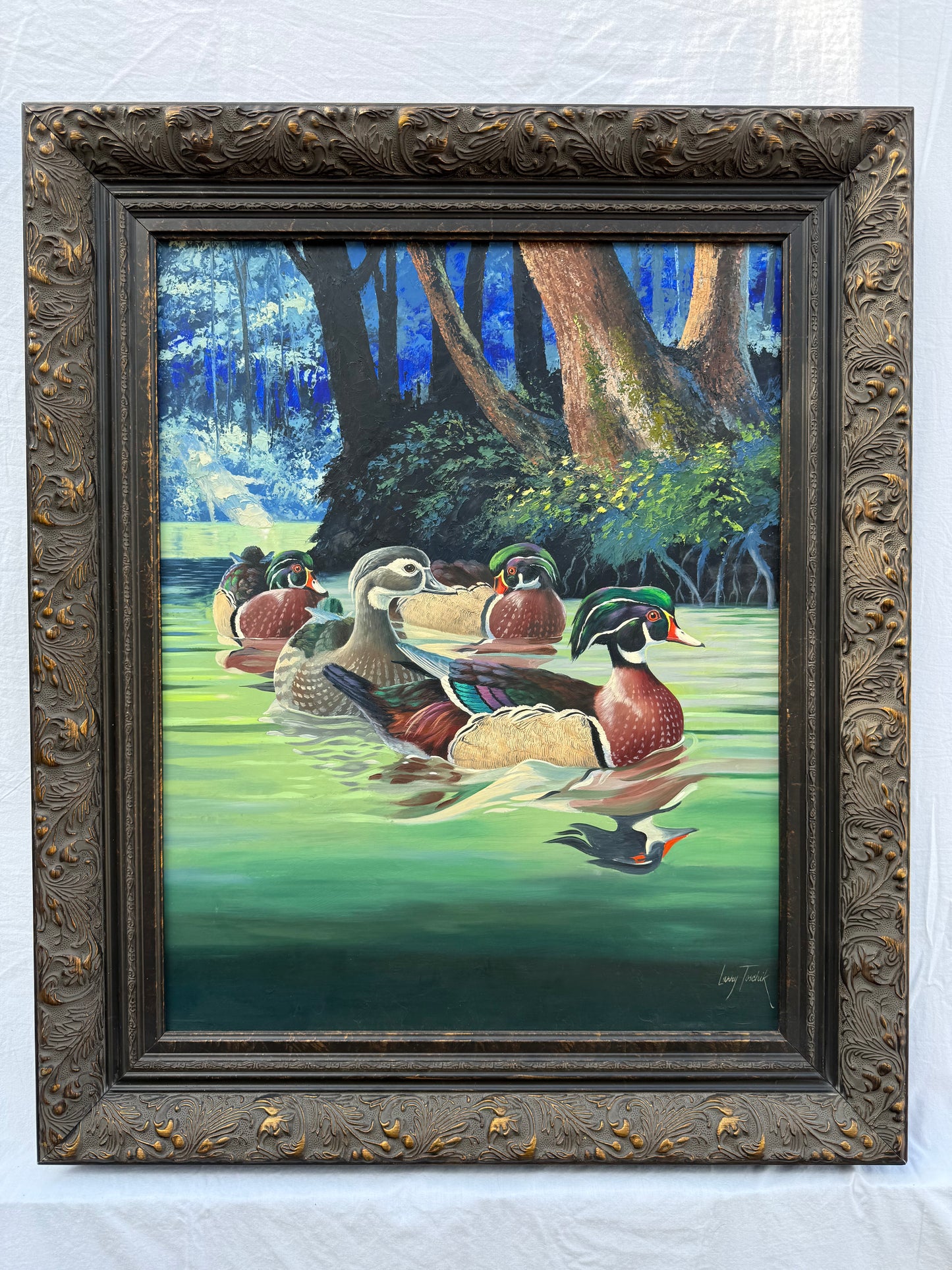 Wood Ducks Painting (1960s) Signed “Larry Toschik” Frame: 29.5x36in
