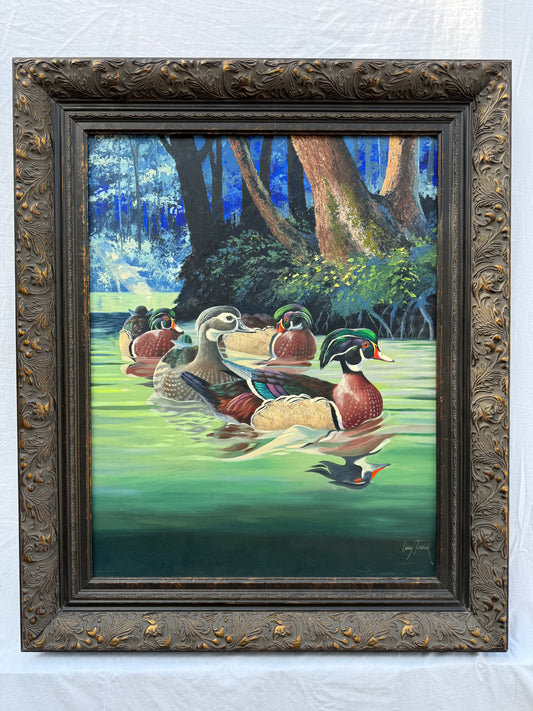 Wood Ducks Painting (1960s) Signed “Larry Toschik” Frame: 29.5x36in